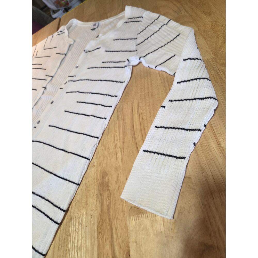 Cabi size large white long cardigan black stripe horizontal close knit cotton - Picture 5 of 13